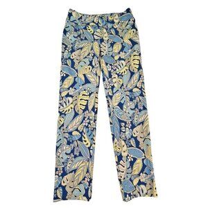 J. McLaughlin Blue and Yellow Leaf Print Straight Leg Pants